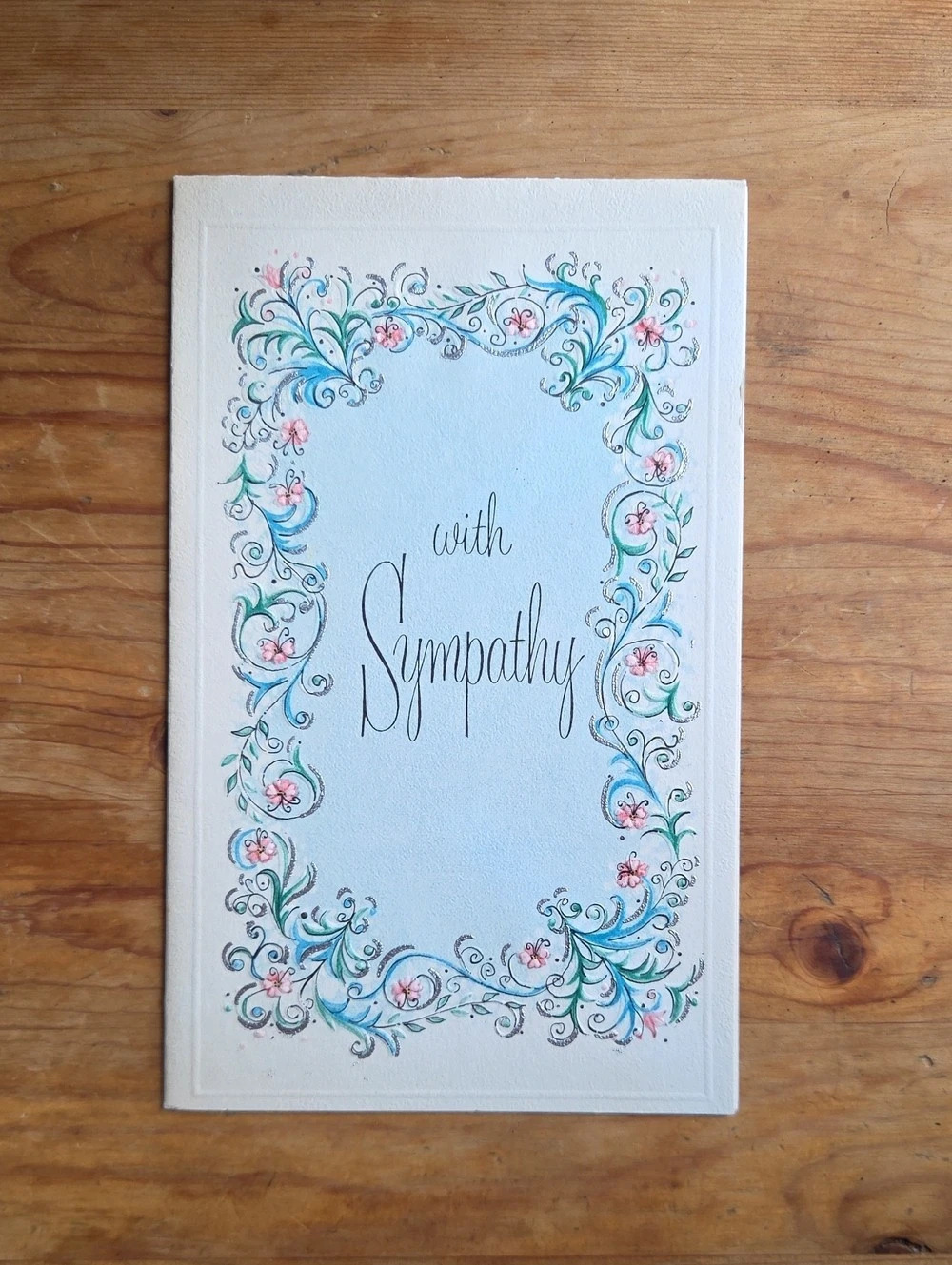 Vintage Sympathy Card Carlton Cards Unused Embossed Silver Glitter Floral Blue